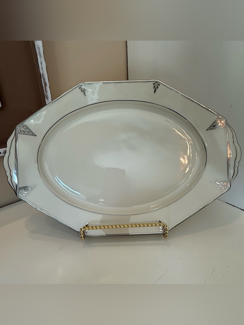 Community China Deauville Oval Platter 15” Ivory Platinum Trim Art Deco USA